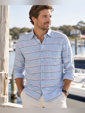 Southern Tide Mens Shirt Sz M Blue Pink Stripe Cotton Classic Fit Button Up Top